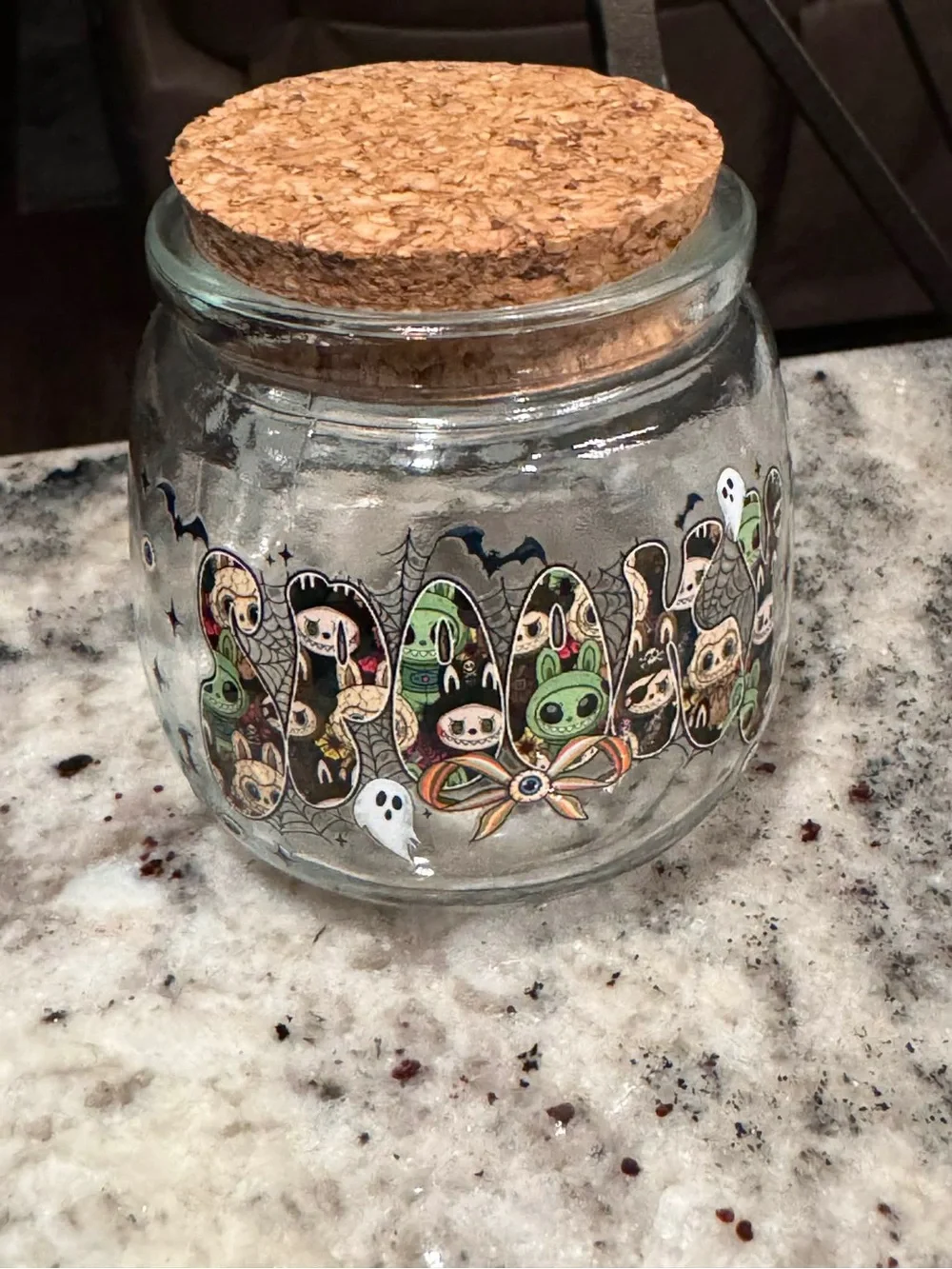 LABUBU Glass Jar with Cork Lid - Clear Glass with Multicolor Design 3In tall